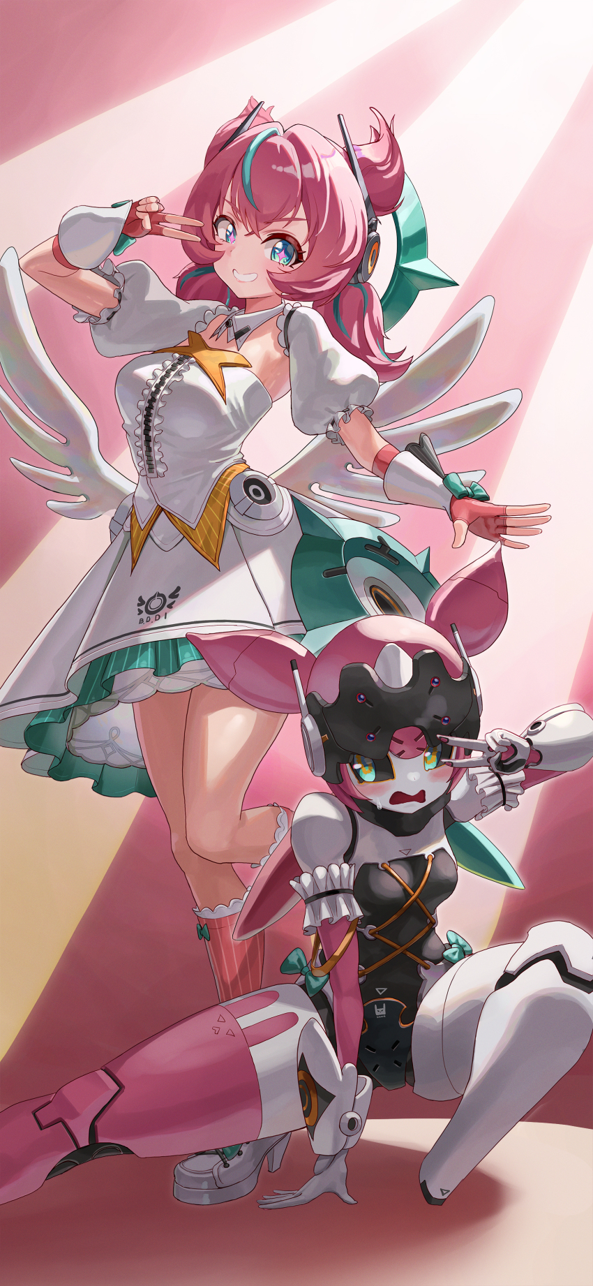 2girls, absurdres, aqua_hair, aria_(zenless_zone_zero), breasts, commentary, dress, english_commentary