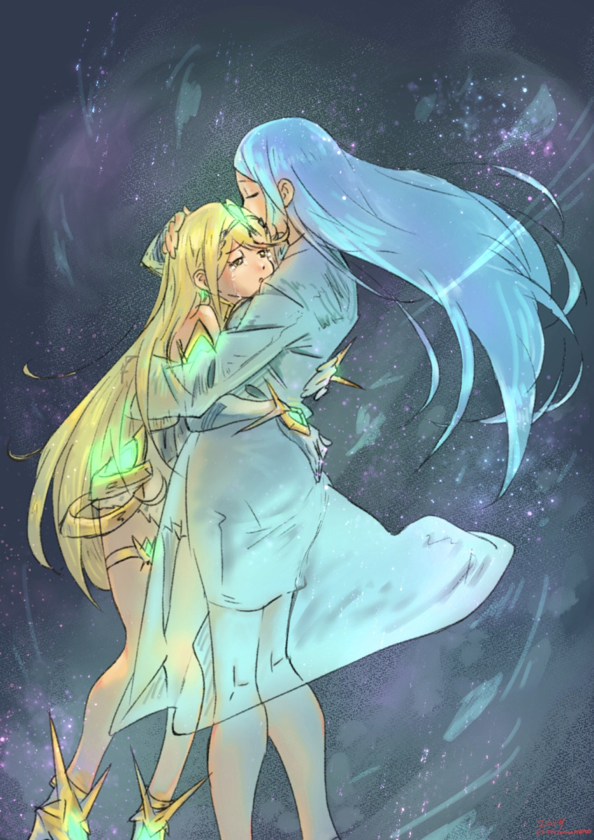 2girls, artist_name, blonde_hair, blush, closed_eyes, crying, elbow_gloves, english_text