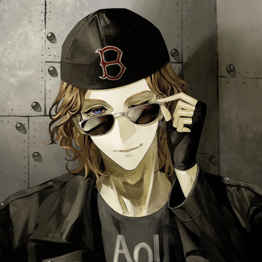 1boy, ;), adam's_apple, adjusting_eyewear, animification, artist_request, black_gloves, black_hat