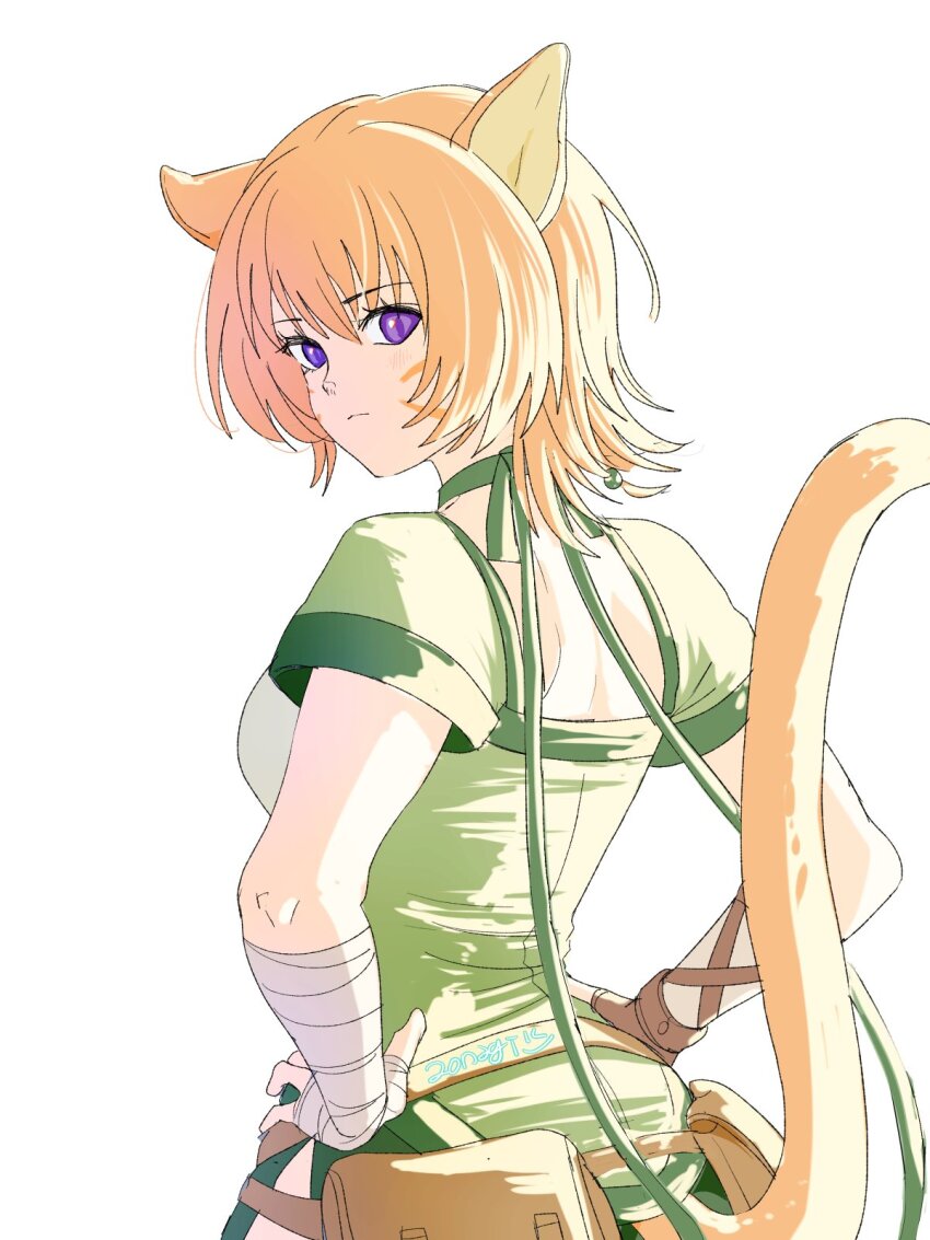 1girl, animal_ears, aonagimay, back, beads, belt_pouch, breasts, cat_ears
