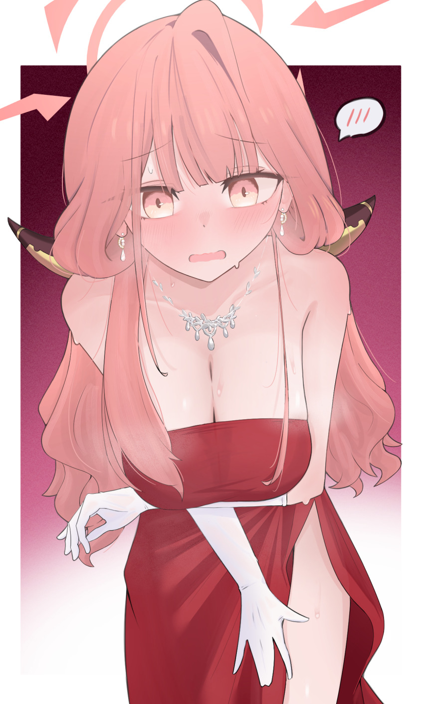 1girl, arm_under_breasts, aru_(blue_archive), aru_(dress)_(blue_archive), bare_shoulders, blue_archive, blush, breasts, cleavage, commentary, demon_horns, dress, earrings, elbow_gloves, gloves, hair_between_eyes, halo, highres, horns, huge_breasts, jewelry, leaning_forward, lipton8811, long_hair, looking_at_viewer, necklace, official_alternate_costume, pink_eyes, pink_hair, pink_halo, red_dress, side_slit, single_sidelock, solo, speech_bubble, spoken_blush, strapless, strapless_dress, sweatdrop, wavy_mouth, white_gloves