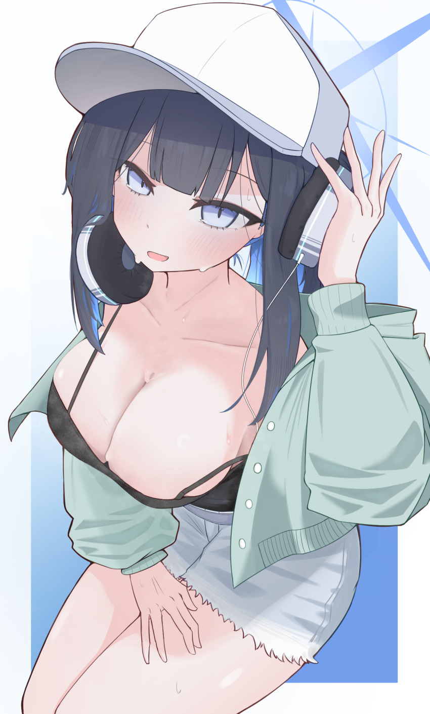 1girl, adjusting_clothes, adjusting_headwear, aqua_jacket, bare_shoulders, baseball_cap, black_camisole, black_hair, black_tank_top, blue_archive, blue_eyes, blue_hair, blue_halo, blush, breasts, camisole, cleavage, collarbone, colored_inner_hair, commentary, cross_halo, denim, denim_shorts, grey_shorts, hair_between_eyes, halo, hat, headphones, headphones_around_neck, highres, jacket, large_breasts, lipton8811, looking_at_viewer, multicolored_hair, official_alternate_costume, open_clothes, open_jacket, saori_(blue_archive), saori_(swimsuit)_(blue_archive), shorts, sidelocks, solo, sweatdrop, tank_top, white_hat