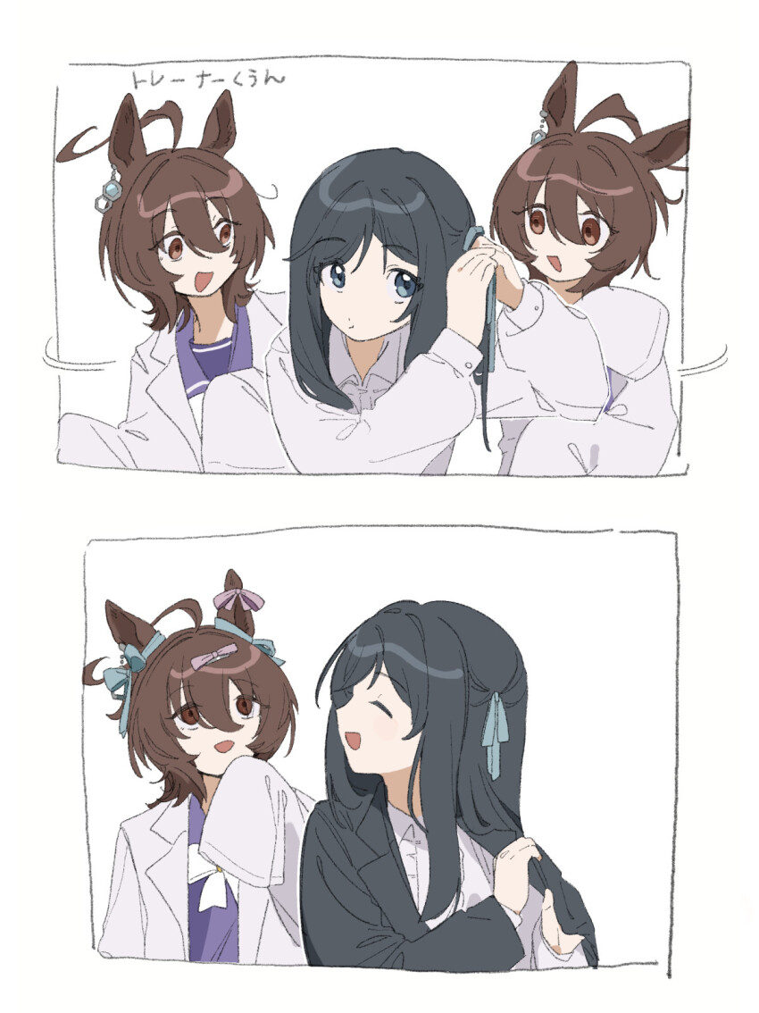 2girls, adjusting_hair, agnes_tachyon's_trainer, agnes_tachyon_(umamusume), ahoge, animal_ears, black_hair, brown_eyes