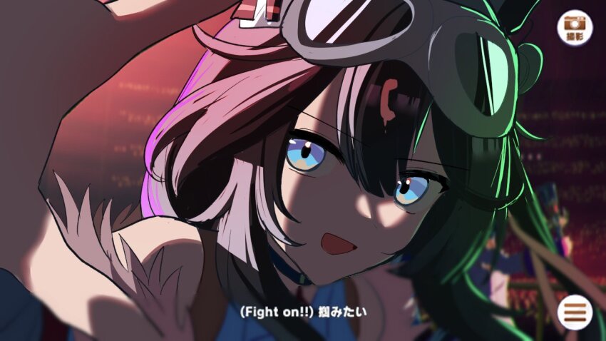 2girls, animal_ears, black_hair, blue_eyes, blurry, blurry_background, commentary_request, contrail_(racehorse)