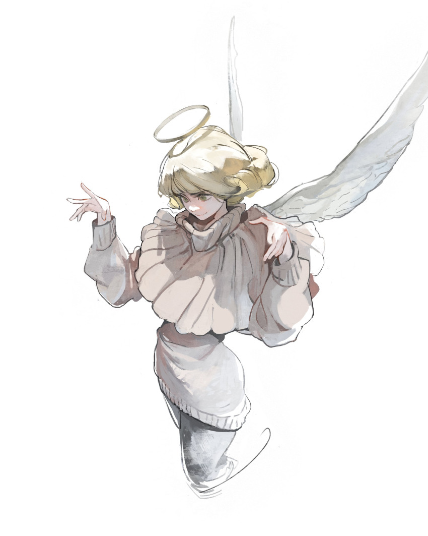 1girl, absurdres, angel, angel_wings, blonde_hair, bob_cut, capelet, curly_hair