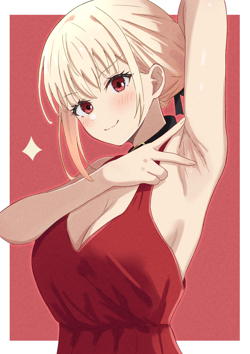1girl, absurdres, arm_behind_head, arm_up, armpits, azakura_(beniyomogi), bare_arms, black_collar