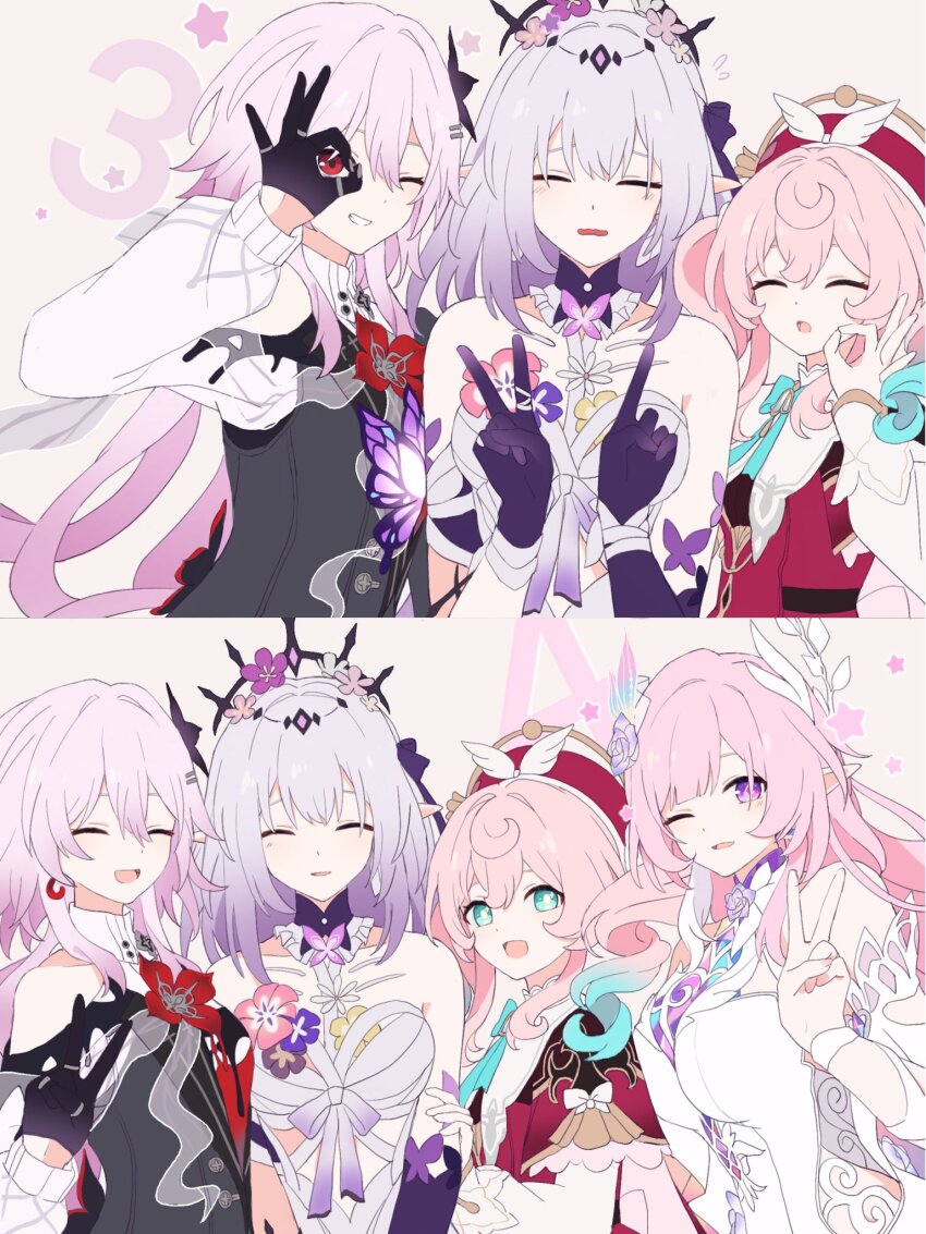 4girls, ^_^, aqua_eyes, bow, bug, butterfly, castorice_(honkai:_star_rail), closed_eyes