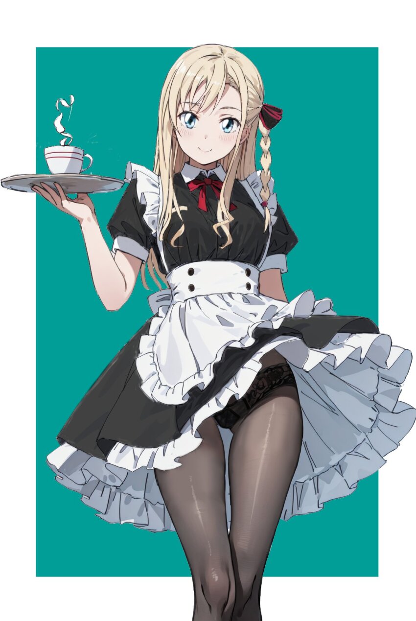 1girl, alternate_costume, apron, black_panties, black_shirt, black_skirt, blonde_hair, braid