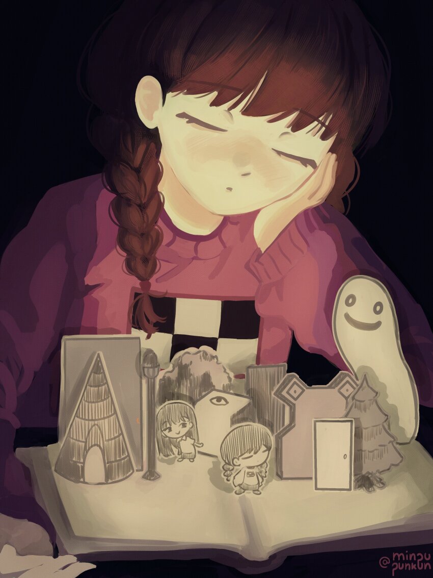 1girl, absurdres, artist_name, black_background, book, braid, brown_hair, chibi