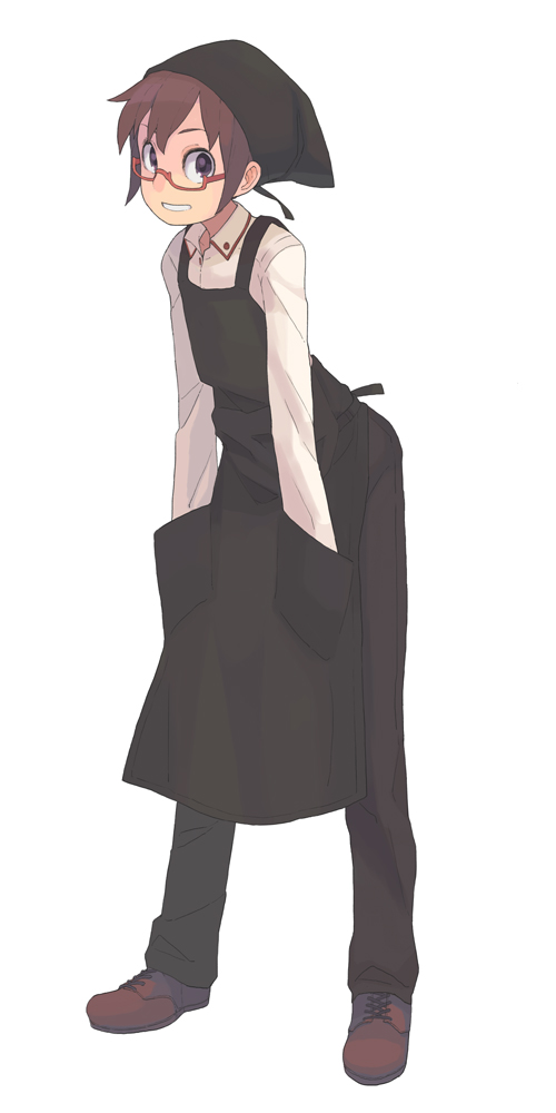 1girl, androgynous, apron, asamoto, brown_hair, female_focus, glasses, hands_in_pockets