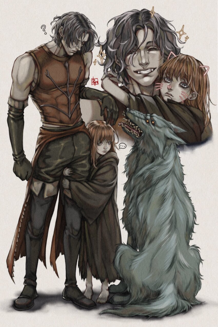 ..., 1boy, 1girl, ?, age_difference, armor, artist_name, bare_shoulders, black_boots, black_gloves, black_hair, boots, brown_dress, brown_pants, cahara_(fear_&amp;_hunger), closed_eyes, closed_mouth, commentary, drawn_ears, drawn_whiskers, dress, english_commentary, extra_eyes, extra_teeth, facial_mark, facing_viewer, fear_&amp;_hunger_(series), fear_&amp;_hunger_1, fold-over_boots, fold-over_gloves, full_body, gloves, grey_eyes, grin, height_difference, highres, hug, hug_from_behind, hugging_another's_leg, leather_armor, long_sleeves, looking_at_another, medium_hair, moonless_(fear_&amp;_hunger), multiple_views, orange_hair, pants, pyro_cri, short_hair, simple_background, smile, sparkle, spoken_ellipsis, standing, the_girl_(fear_&amp;_hunger), thigh_boots, whisker_markings, wolf