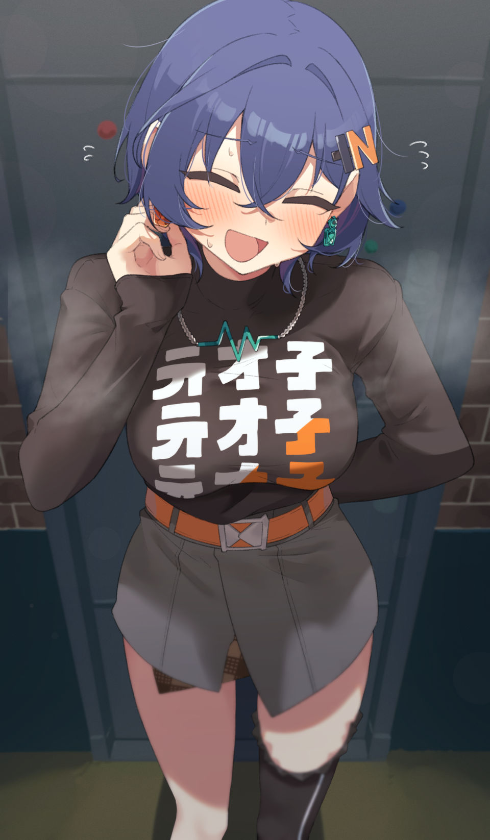 1girl, arm_behind_back, belle_(zenless_zone_zero), black_shirt, black_thighhighs, blush, breasts, closed_eyes