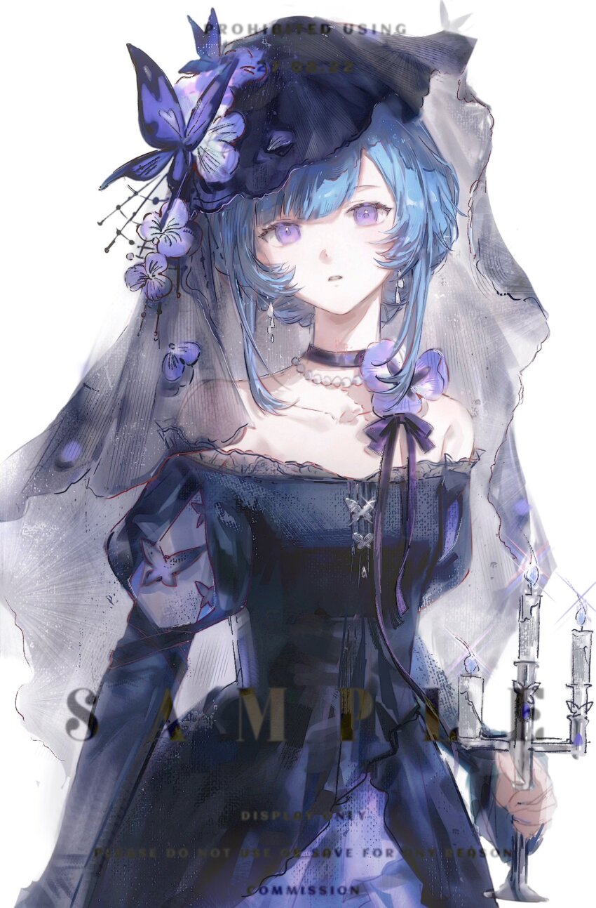1girl, black_dress, blue_hair, bug, butterfly, character_request, commentary, copyright_request