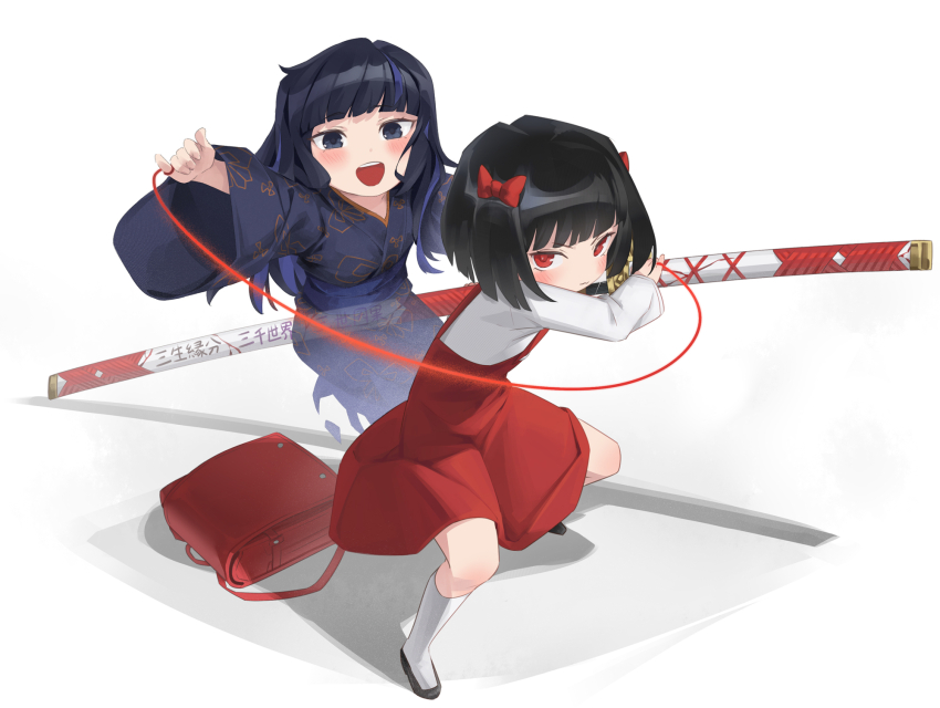 2girls, 7d_nemuritai, :d, aged_down, araya_(project_moon), backpack, bag, battoujutsu_stance, black_hair, black_shoes, blue_sash, bow, child, fighting_stance, hair_bow, hashtag-only_commentary, highres, holding, holding_sword, holding_weapon, japanese_clothes, kimono, kneehighs, limbus_company, looking_at_viewer, multicolored_hair, multiple_girls, obi, open_mouth, project_moon, randoseru, ready_to_draw, red_bag, red_bow, red_eyes, ryoshu_(project_moon), sash, shoes, smile, socks, spoilers, streaked_hair, string, string_of_fate, sword, weapon, white_socks