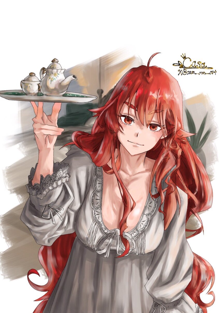 1girl, ahoge, breasts, cleavage, closed_mouth, collarbone, commentary_request, eris_greyrat