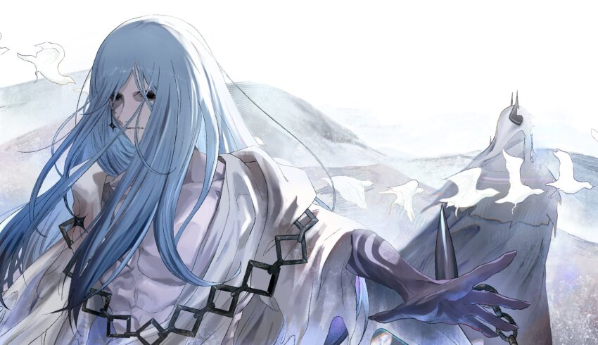 2boys, azrael_(grand_assassin)_(fate), bags_under_eyes, bird, black_eyes, blue_hair, cloak, dark-skinned_male