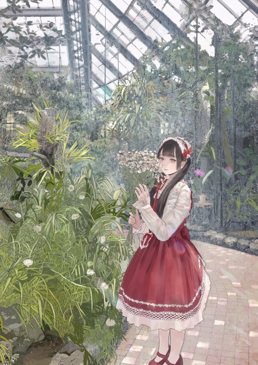 1girl, accurate_lolita_coord, black_hair, bouquet, chinstrap, dress, flower, frilled_hairband