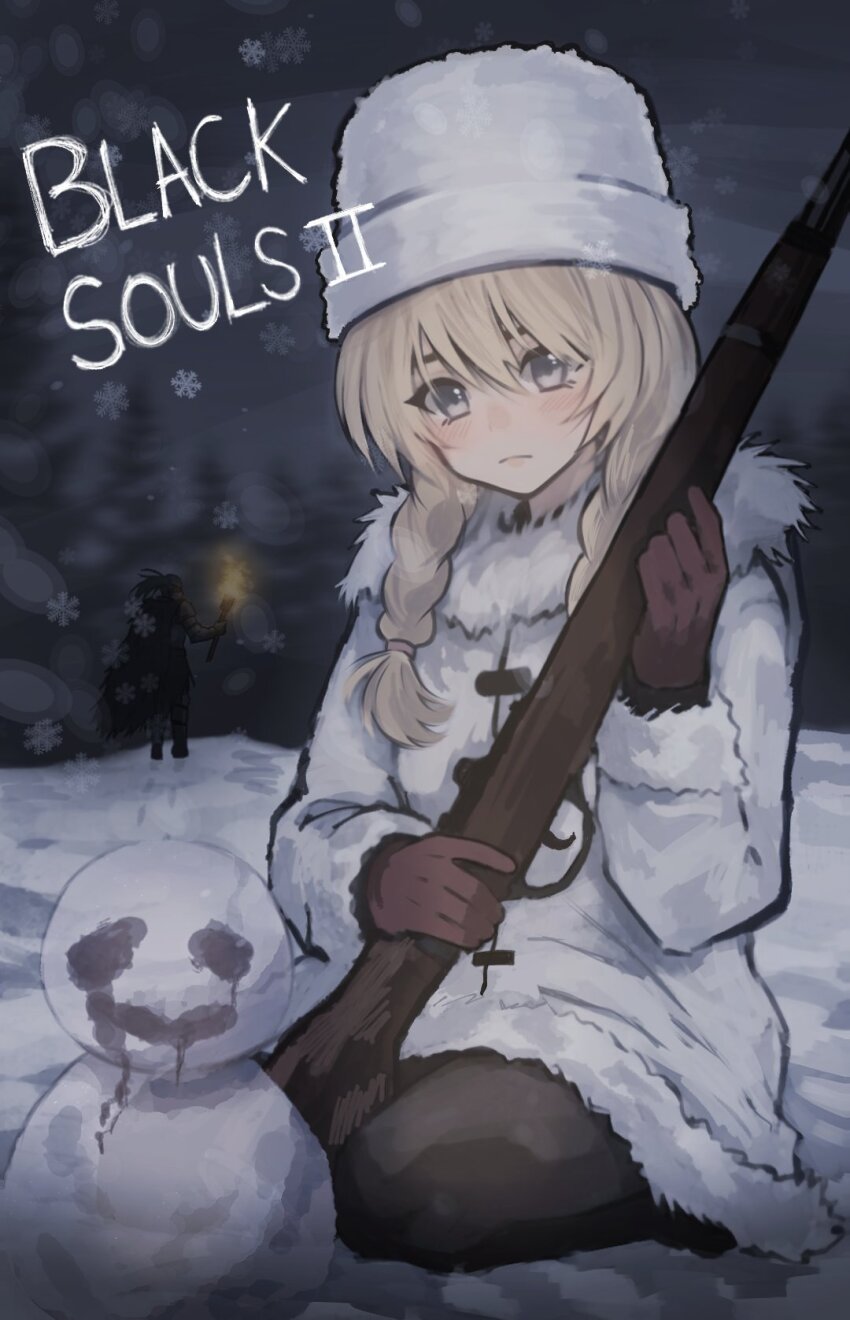 1girl, black_pantyhose, black_souls, blonde_hair, blue_eyes, braid, coat, commentary
