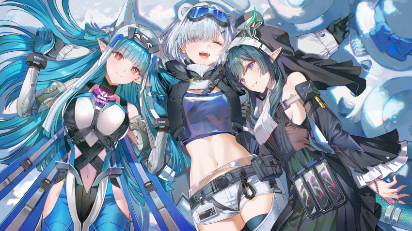3girls, ;d, animal_ears, aqua_tail, arknights, arknights:_endfield, aurora_(arknights), bear_ears