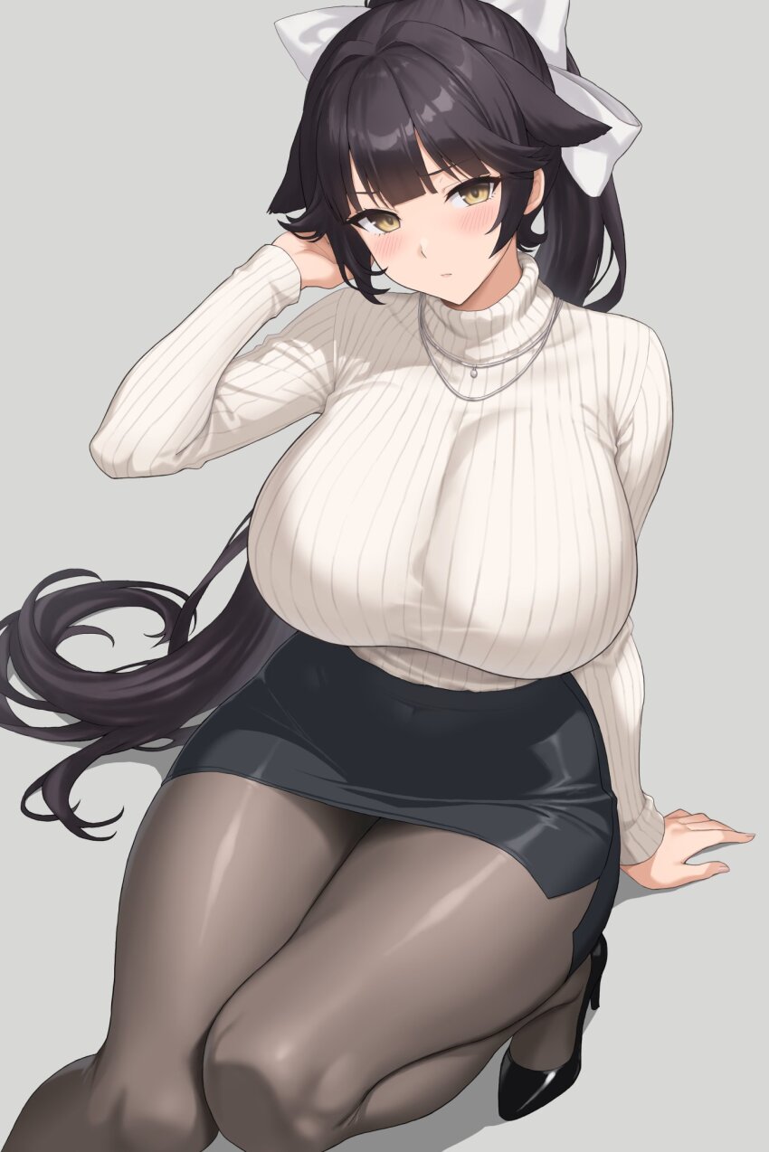 1girl, arm_support, arm_up, azur_lane, black_hair, black_pantyhose, blush, bow