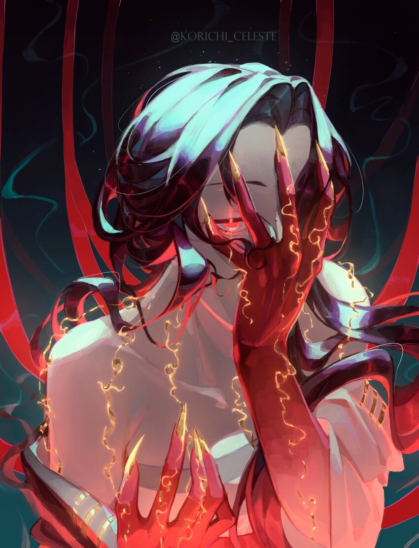 1girl, absurdres, bare_shoulders, black_hair, chinese_clothes, colored_extremities, commentary, covering_own_face