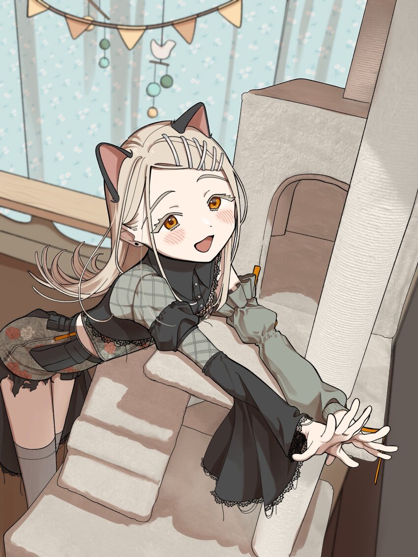 1girl, :3, animal_ears, belt_pouch, black_shirt, blonde_hair, blush, cat_ears, cat_girl, cat_tower, collared_shirt, colored_eyelashes, commentary_request, contrast_(idolmaster), detached_sleeves, earrings, feet_out_of_frame, flipped_hair, floral_print, gakuen_idolmaster, green_shirt, green_shorts, grey_thighhighs, hair_ornament, hairclip, highres, idolmaster, indoors, jewelry, kemonomimi_mode, lace, lace-trimmed_shirt, lace_trim, long_hair, long_sleeves, looking_at_viewer, midriff_peek, open_mouth, orange_eyes, parallel_hairclips, parted_bangs, pouch, print_shirt, print_shorts, shinosawa_hiro, shirt, shorts, showgirl_skirt, single_detached_sleeve, single_sleeve, sks_(s3_rosquilla), solo, stretching, stud_earrings, thighhighs, x_hair_ornament