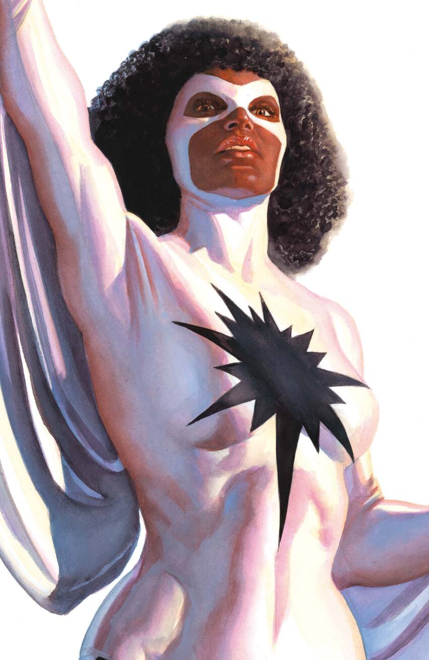 1girl, absurdres, alex_ross, arm_up, black_hair, bodysuit, brown_eyes, cape