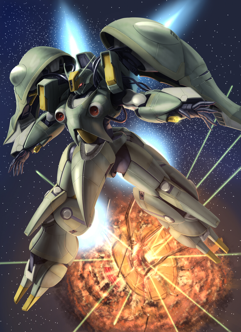 explosion, gundam, gundam_zz, mecha, no_humans, quin_mantha, raybar, realistic