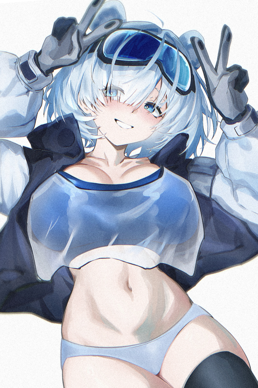 1girl, animal_ears, arknights, arknights:_endfield, arms_up, aurora_(arknights), bear_ears, bear_girl, black_gloves, black_jacket, black_thighhighs, blue_eyes, blue_sports_bra, breasts, commentary_request, double_v, ei_(eiei_e1), extra_ears, eyes_visible_through_hair, gloves, goggles, goggles_on_head, grey_gloves, hair_over_one_eye, highres, jacket, large_breasts, long_sleeves, looking_at_viewer, multicolored_gloves, navel, no_pants, open_clothes, open_jacket, panties, puffy_long_sleeves, puffy_sleeves, see-through_clothes, short_hair, simple_background, ski_goggles, smile, snowshine_(arknights), solo, sports_bra, stomach, thighhighs, thighs, two-tone_gloves, underwear, v, white_background, white_hair, white_panties, white_sleeves