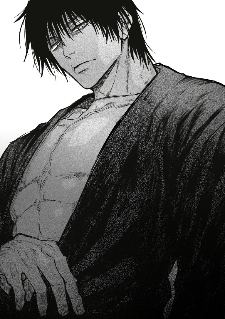 1boy, abs, closed_mouth, collarbone, from_below, fushiguro_toji, greyscale, japanese_clothes
