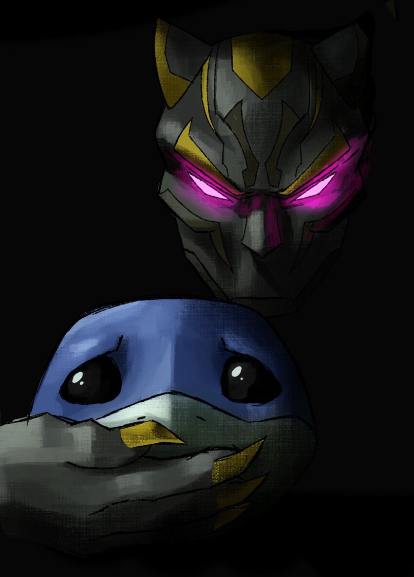 1boy, black_background, black_eyes, black_panther_(marvel), black_panther_(series), claws, commentary, covering_another's_mouth