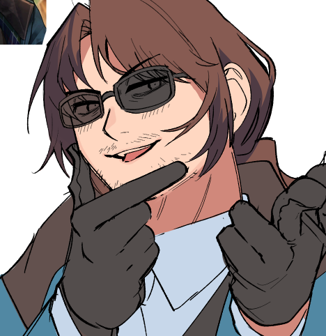 1boy, absurdres, alternate_costume, beard_stubble, black-framed_eyewear, black-framed_glasses, black_gloves, blue_coat, blue_jacket, blue_necktie, brown_hair, brown_trim, brown_vest, close-up, coat, collared_shirt, dress_shirt, eyes_visible_through_hair, facial_hair, finger_gun, formal_clothes, glasses, gloves, grabbing_own_chin, gregor_(project_moon), hair_between_eyes, hair_intakes, half-closed_eyes, hand_on_own_chin, hands_up, highres, jacket, limbus_company, long_hair, long_sleeves, looking_to_the_side, low_ponytail, male_focus, necktie, official_alternate_costume, okazu1324343, open_mouth, parted_bangs, photo_(medium), pointing, pointing_at_viewer, ponytail, portrait, project_moon, rectangular_eyewear, shirt, simple_background, sketch, smile, smirk, smug, solo, stubble, suit, suit_jacket, sunglasses, teeth, tinted_eyewear, tongue, traditional_media, undershirt, unfinished, upper_body, upper_teeth_only, v-shaped_eyebrows, vest, white_background, white_shirt, wing_collar, zwei_association_south_uniform