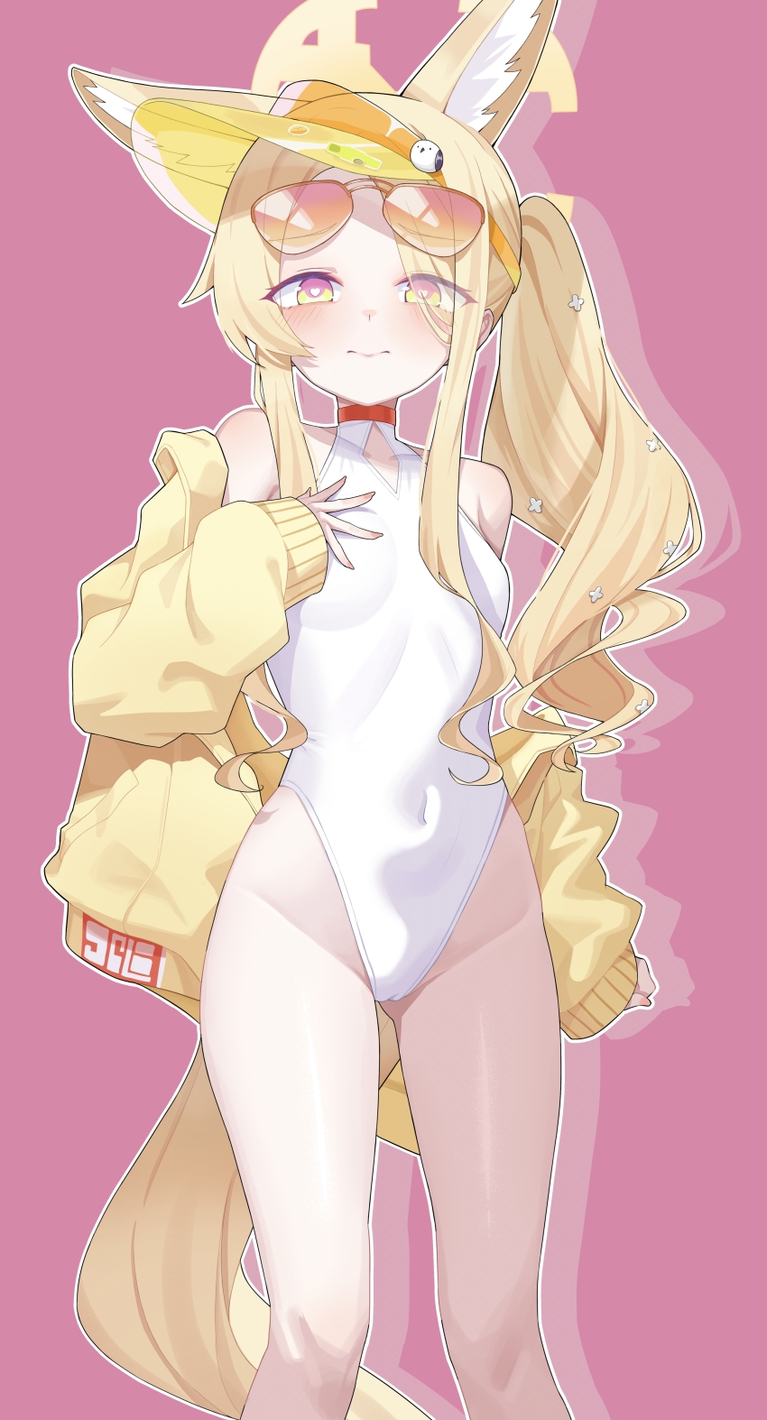 1girl, above-cleavage_cutout, absurdres, aila_zuiaini, animal_ear_fluff, animal_ears, arm_at_side, bare_shoulders, blonde_hair, blue_archive, blush, breasts, bright_pupils, cameltoe, closed_mouth, clothing_cutout, collarbone, covered_navel, diamond_cutout, drill_hair, drop_shadow, eyes_visible_through_hair, eyewear_on_head, feet_out_of_frame, fingernails, forehead, fox_ears, fox_girl, fox_tail, gluteal_fold, groin, hair_over_one_eye, hand_on_own_chest, hat, hat_ornament, heart, heart-shaped_pupils, highleg, highleg_one-piece_swimsuit, highres, jacket, loli, long_hair, long_sleeves, looking_at_viewer, multicolored_eyes, off_shoulder, official_alternate_costume, official_alternate_hairstyle, one-piece_swimsuit, open_clothes, open_jacket, orange-tinted_eyewear, outline, pink_background, pink_eyes, seia_(blue_archive), seia_(swimsuit)_(blue_archive), side_ponytail, sidelocks, simple_background, sleeves_past_wrists, small_breasts, solo, sunglasses, swimsuit, symbol-shaped_pupils, tail, tinted_eyewear, two-tone_eyes, visor_cap, white_one-piece_swimsuit, white_outline, white_pupils, yellow_eyes, yellow_hat, yellow_jacket