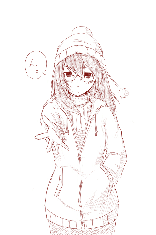 1girl, coat, female_focus, glasses, hand_in_pocket, hat, kyokusetu, monochrome