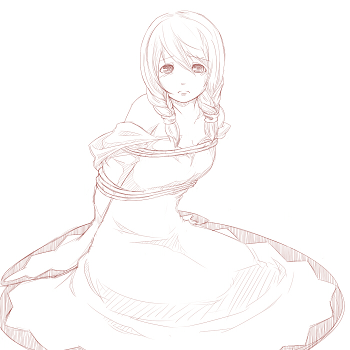 1girl, arms_behind_back, bdsm, bondage, bound, braid, female_focus, final_fantasy, frown, kyokusetu, looking_at_viewer, monochrome, rope, solo, twin_braids, twintails, white_mage_(final_fantasy)