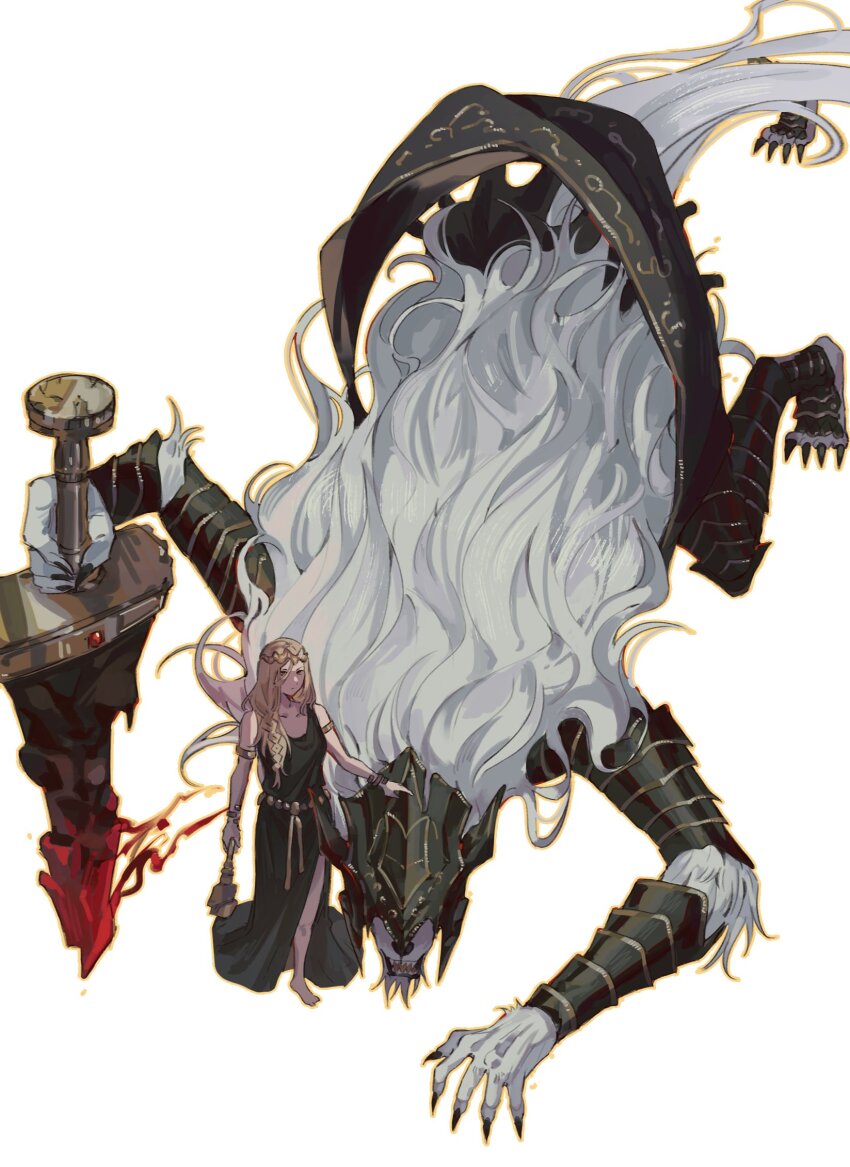 1boy, 1girl, black_dress, blonde_hair, claws, dress, elden_ring, from_above, full_body, greiilock, hammer, hand_on_another's_head, helmet, highres, holding, holding_hammer, holding_sword, holding_weapon, looking_up, maliketh_the_black_blade, mane, queen_marika_the_eternal, reverse_grip, sword, tail, weapon, white_mane