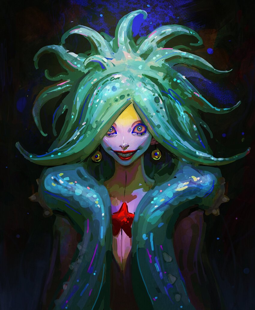 1girl, absurdres, blue_eyes, cateille, colored_sclera, colored_skin, commentary, earrings