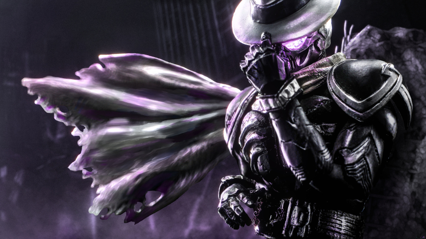 1boy, absurdres, armor, belt, building, commentary, dark, fedora, glowing, glowing_eyes, hat, hat_tip, helmet, highres, kamen_rider, kamen_rider_skull, kamen_rider_w, looking_at_viewer, love894anon, mask, night, purple_eyes, rider_belt, rock, scarf, shoulder_armor, skull_mask, solo, tokusatsu, torn_clothes, torn_scarf, white_hat, white_scarf