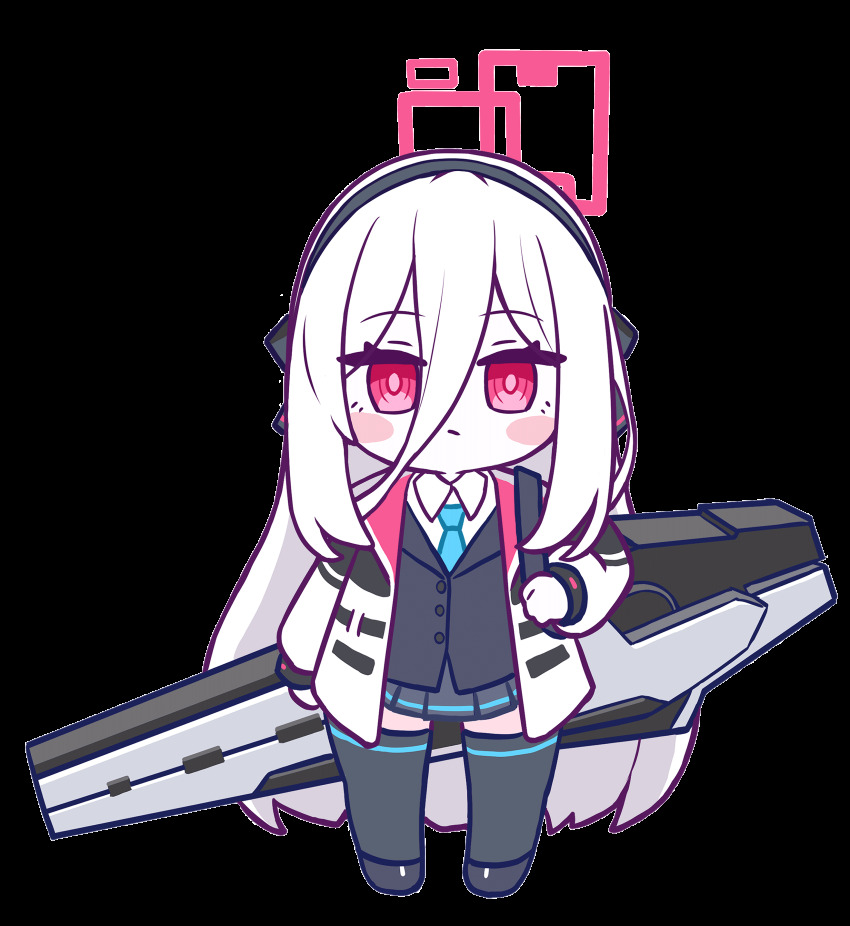 +++, 1girl, :>, absurdres, aila_zuiaini, animated, animated_gif, black_bow, black_hairband, black_jacket, black_shoes, black_skirt, black_thighhighs, blazer, blinking, blue_archive, blush_stickers, bow, bright_pupils, buttons, chibi, chibi_only, chinese_commentary, closed_mouth, collared_shirt, colored_skin, commentary_request, double-parted_bangs, full_body, hair_between_eyes, hair_bow, hairband, halo, hand_on_own_hip, highres, holding_strap, jacket, kei_(blue_archive), long_bangs, long_hair, long_hair_between_eyes, long_sleeves, looking_at_viewer, looping_animation, miniskirt, multicolored_jacket, open_clothes, open_jacket, parted_lips, pink_halo, pink_jacket, pleated_skirt, puff_of_air, puffy_long_sleeves, puffy_sleeves, rectangular_halo, red_eyes, shirt, shoes, sidelocks, skirt, smile, solo, standing, thighhighs, transparent_background, v-shaped_eyebrows, very_long_hair, weapon, white_hair, white_jacket, white_shirt, white_skin