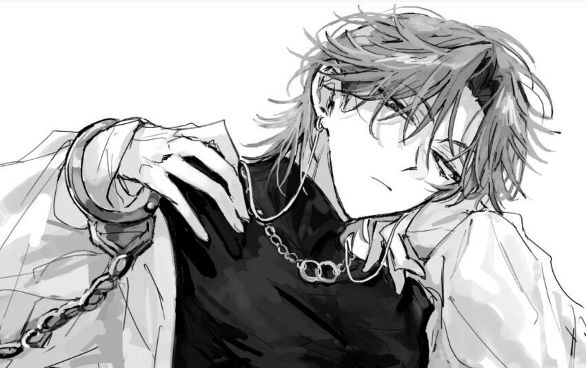1boy, chain, chain_necklace, closed_mouth, commentary, cuffs, curtained_hair, ear_piercing