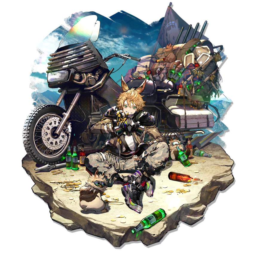 1boy, animal_ears, arknights, black_gloves, black_jacket, black_shoes, blonde_hair, bottle