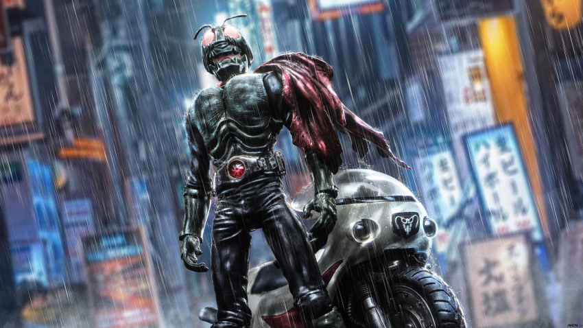 1boy, absurdres, adversarial_noise, antennae, armor, arms_at_sides, artist_name, belt, billboard, blurry, blurry_background, building, city, commentary, fangs, glowing, glowing_eyes, helmet, highres, kamen_rider, kamen_rider_(1st_series), kamen_rider_1, leather, leather_pants, love894anon, motor_vehicle, motorcycle, night, outdoors, pants, photo_background, rain, red_eyes, red_scarf, rider_belt, scar, scar_on_face, scarf, solo, standing, tokusatsu