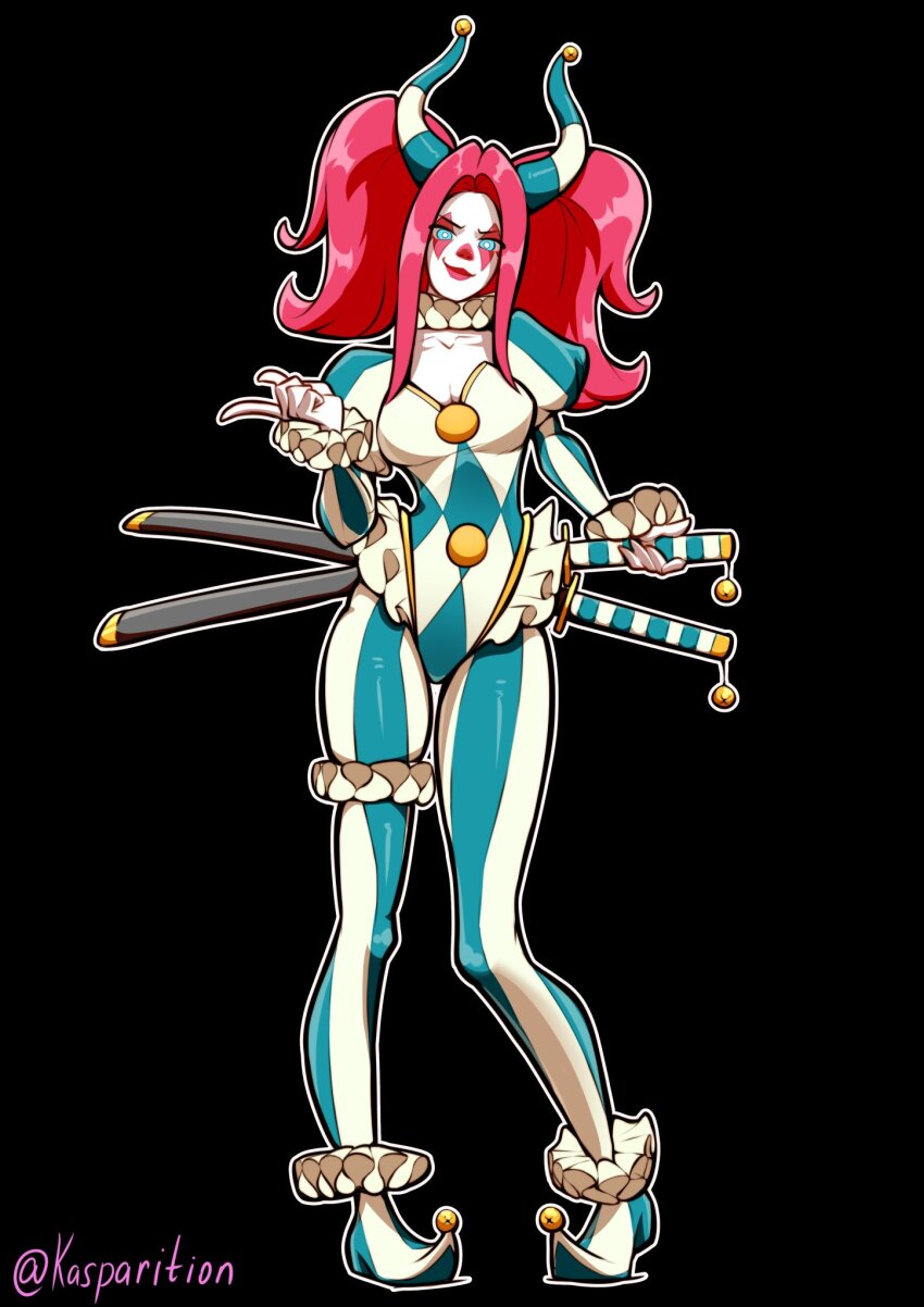 bell, blue_eyes, bodysuit, breasts, cleavage, collarbone, colored_skin, commentary