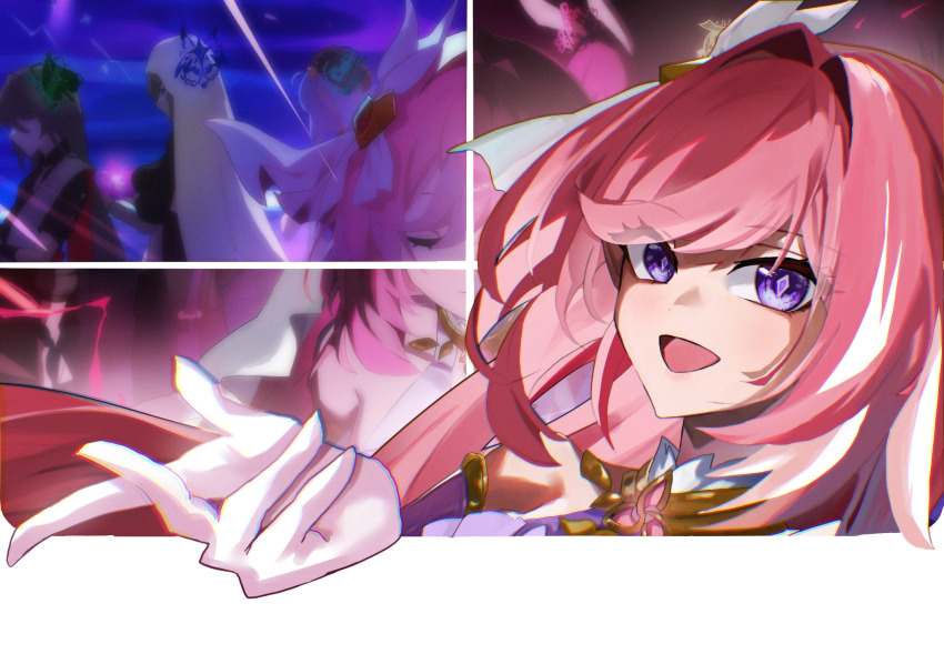 1boy, 3girls, aponia, commentary_request, diamond-shaped_pupils, diamond_(shape), elysia_(herrscher_of_human:_ego)_(honkai_impact), elysia_(honkai_impact)