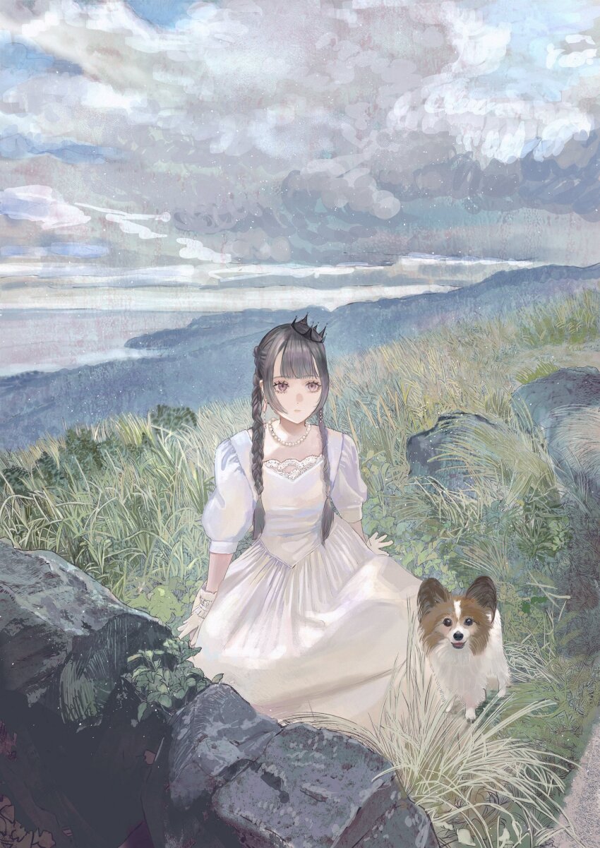 1girl, arm_support, bead_necklace, beads, black_hair, braid, braided_twintails, cliff