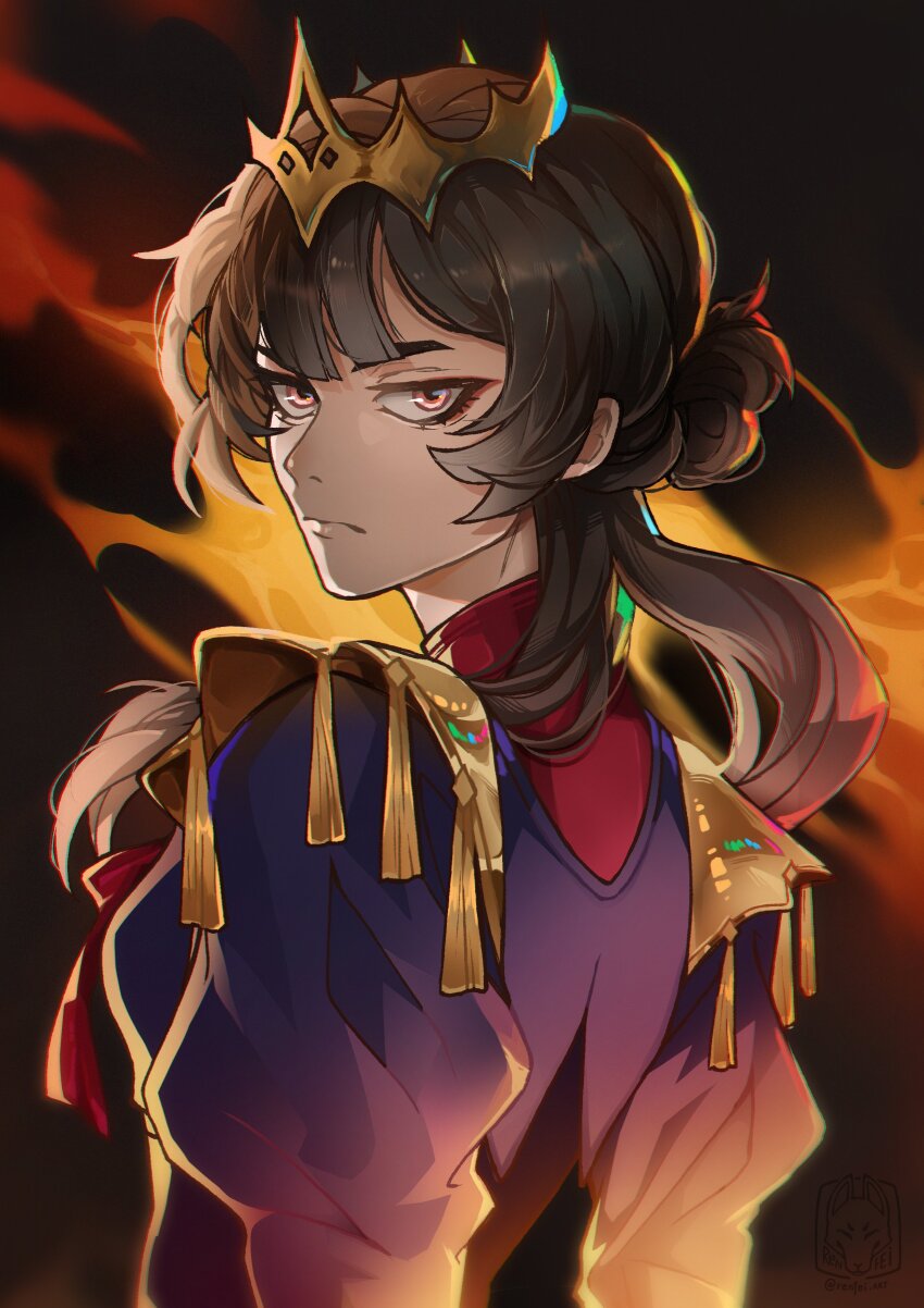 1girl, absurdres, aegyo_sal, animification, armor, blue_shirt, brown_hair, commentary, crown, cynikka, english_commentary, fire, from_behind, frown, hair_bun, highres, ish's_state_smp, jitome, lips, long_hair, long_sleeves, looking_at_viewer, looking_back, minecraft_youtube, red_eyes, red_shirt, renfei, shirt, shoulder_armor, single_hair_bun, solo, tassel, upper_body