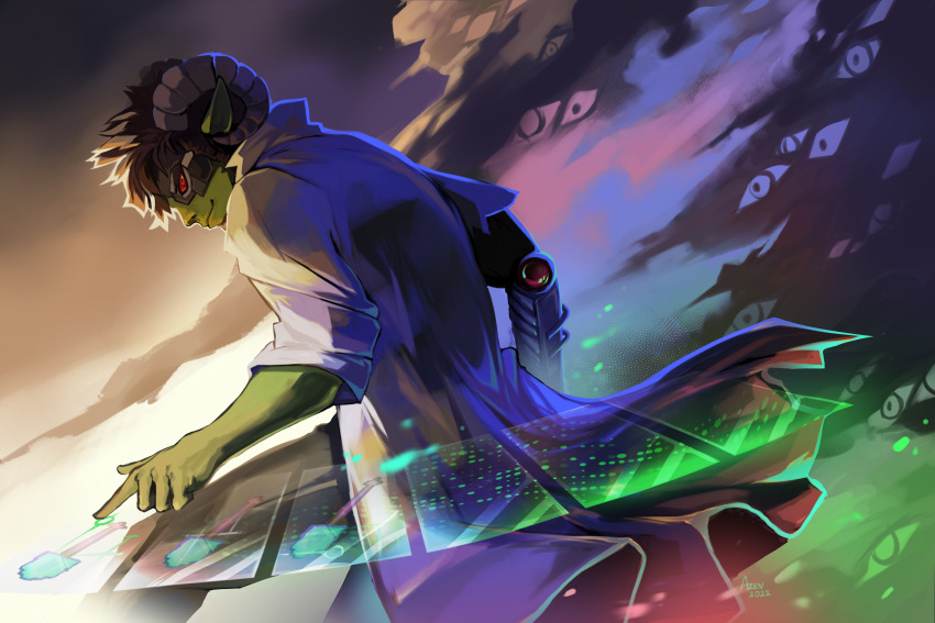 1boy, animal_ears, brown_hair, cloud, coat, cowboy_shot, docm77, from_behind