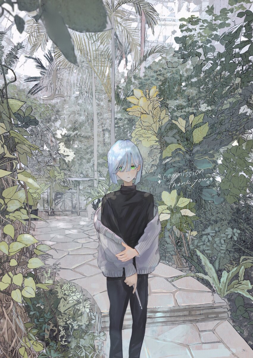 1boy, black_pants, black_shirt, blue_hair, blunt_ends, closed_mouth, coat, commentary, commission, green_eyes, greenhouse, grey_coat, hair_over_one_eye, hashtag-only_commentary, highres, holding, holding_knife, knife, looking_at_viewer, off_shoulder, open_clothes, open_coat, original, pants, pavement, plant, purupurualiens, railing, shirt, short_hair, solo, standing, untranslatable_commentary, thank_you, trap, turtleneck, turtleneck_shirt