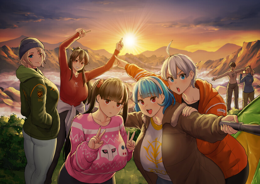 6+girls, abigail_fahrenheit, absurdres, ahoge, arms_up, ayumi_(erkaz), black_hair, blonde_hair