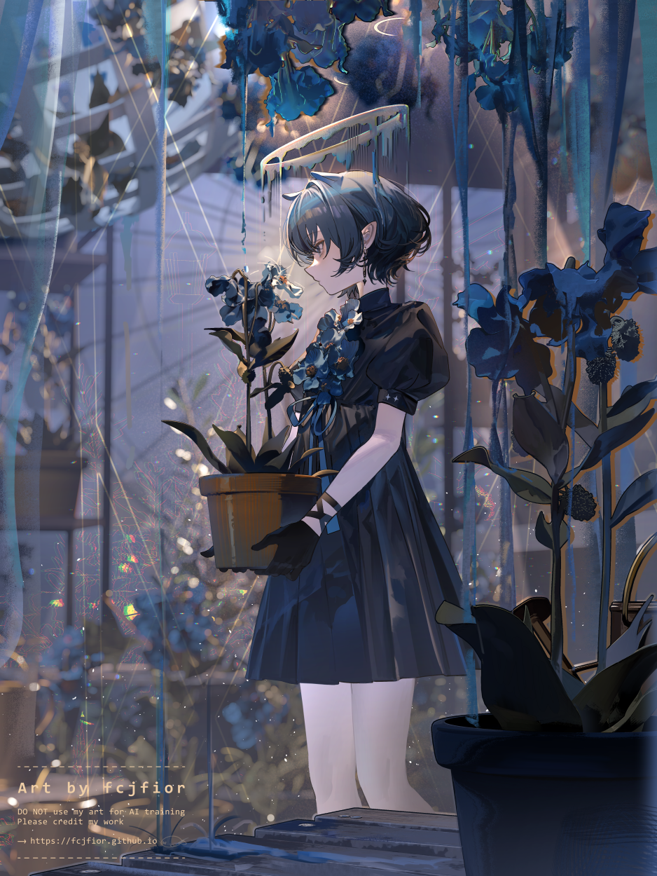 1girl, black_dress, black_gloves, black_hair, blue_flower, bob_cut, commentary, dress